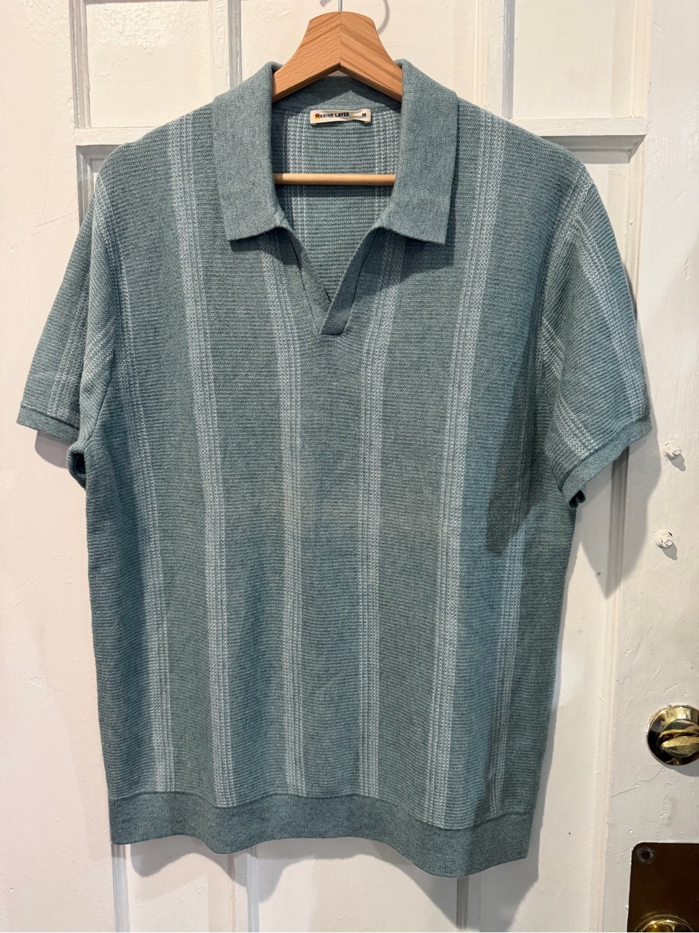 Marine Layer Slate Green Knit Polo with Subtle Stripes